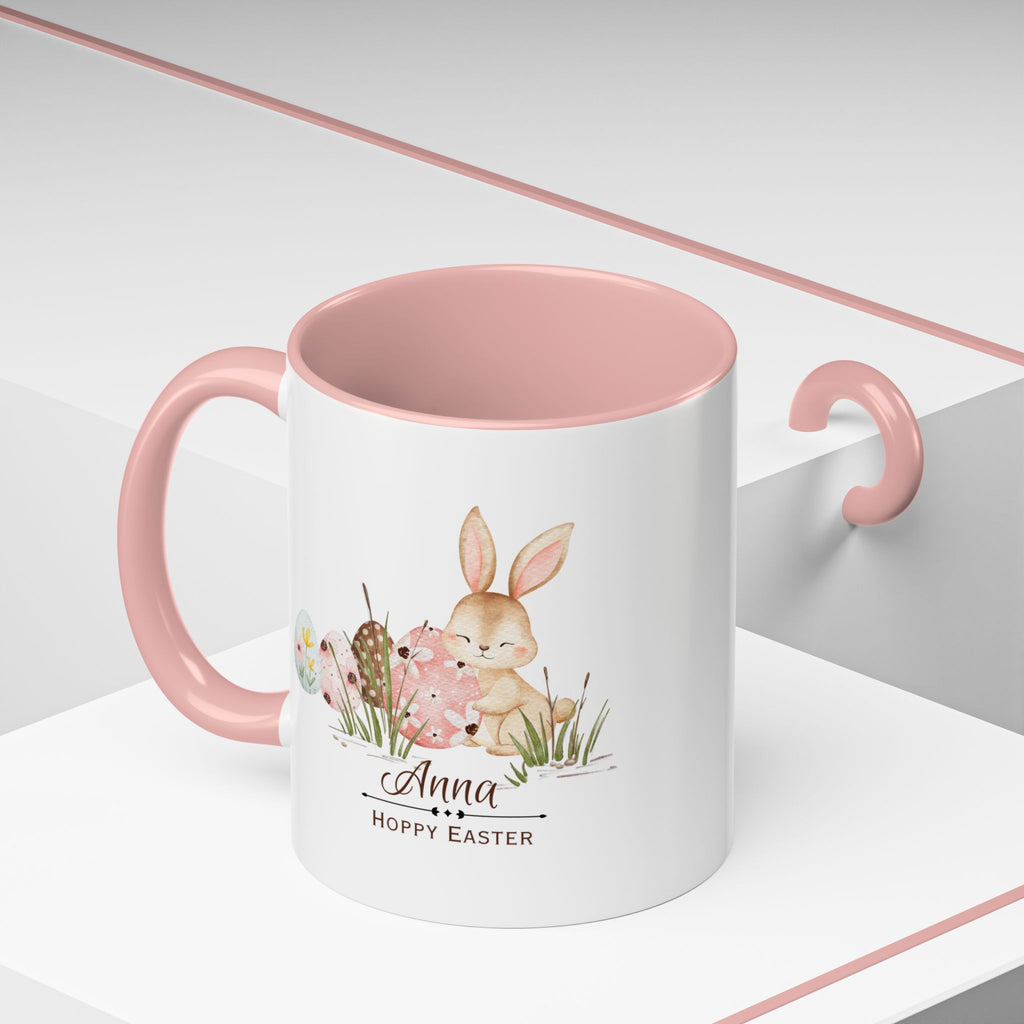 Personalized Easter Bunny Coffee Mug – Custom Name Accent Mug – “Hoppy Easter” Cute Bunny Mug – Easter Gift – Choose Your Favorite Color (11oz)