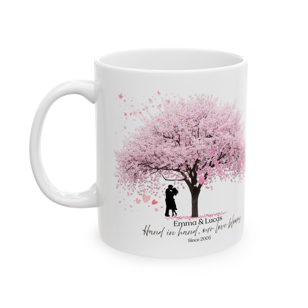 Personalized Couple Mug – Vintage Blossom Tree Love Gift with Names and Date