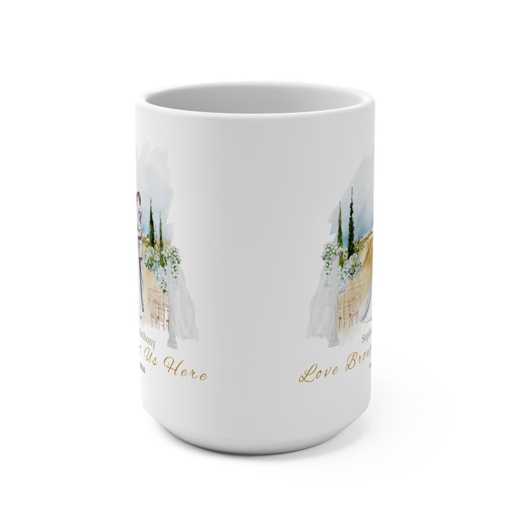 A roomy 15oz ceramic mug that holds morning coffee, late-night tea, and quiet moments together. The artful watercolor scene shows a newlywed couple embraced against a soft pastoral backdrop — gentle greens, warm fields, and a hint of sky —