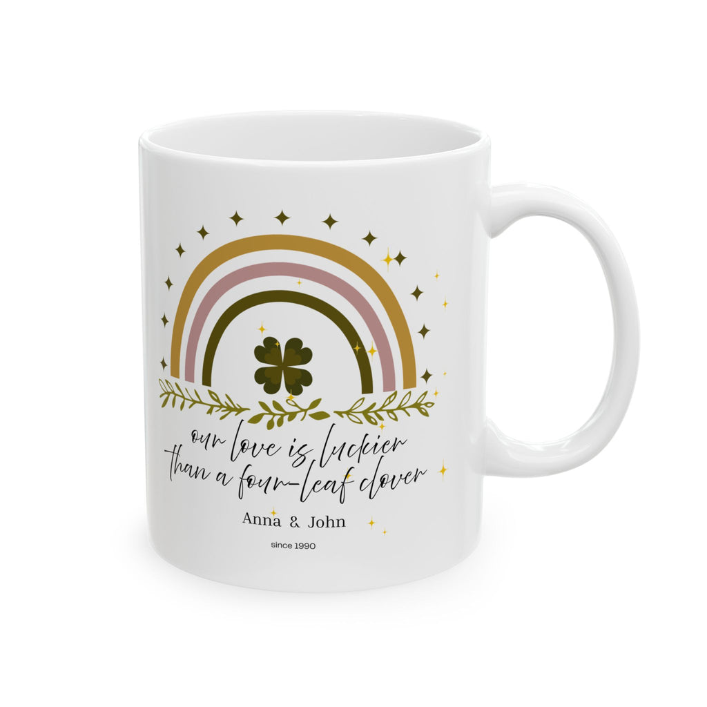 Personalized Vintage Rainbow Clover Mug – “Our Love Is More Lucky Than the Clover Leaf” – Custom Name & Year Gift – Lucky St. Patrick’s Day Mug