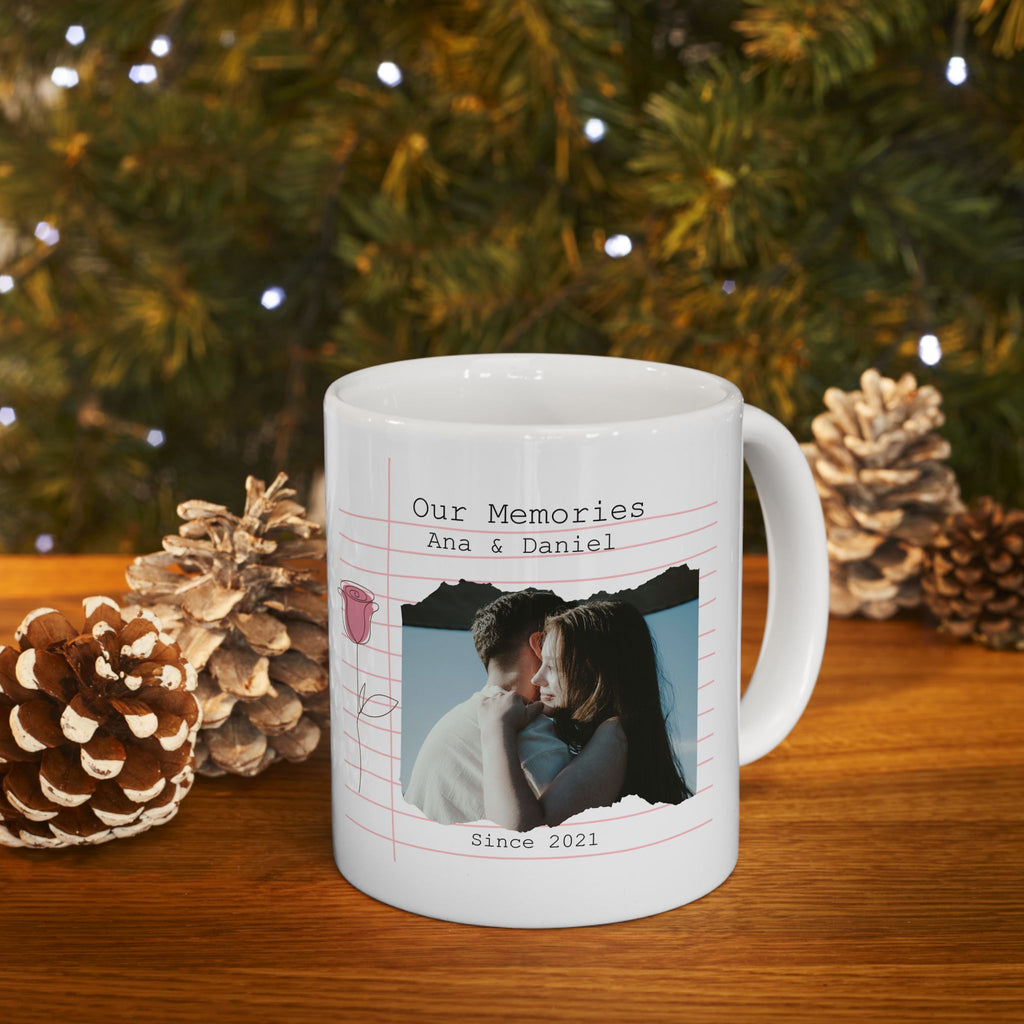 Personalized Couple Photo Mug – Our Memories Notebook Style with Names and Year
