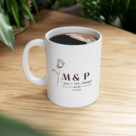 Personalized Initials Couple Mug – Line Art Rose Design with Romantic Quote, Anniversary, Wedding & Birthday Gift