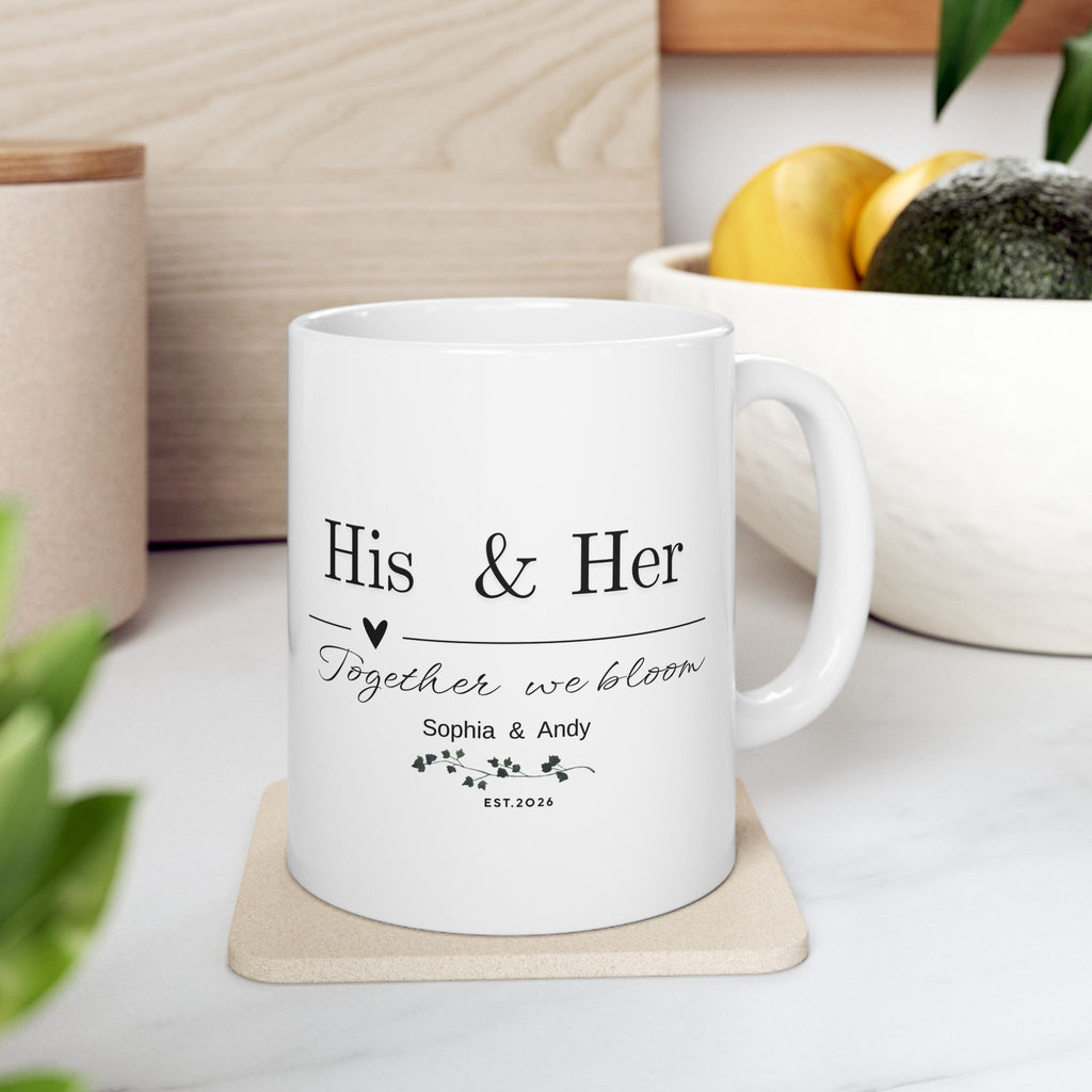 His & Her Personalized Mug – Together We Bloom, Custom Names & Date, Romantic Gift for Valentine’s Day, Anniversary & Wedding