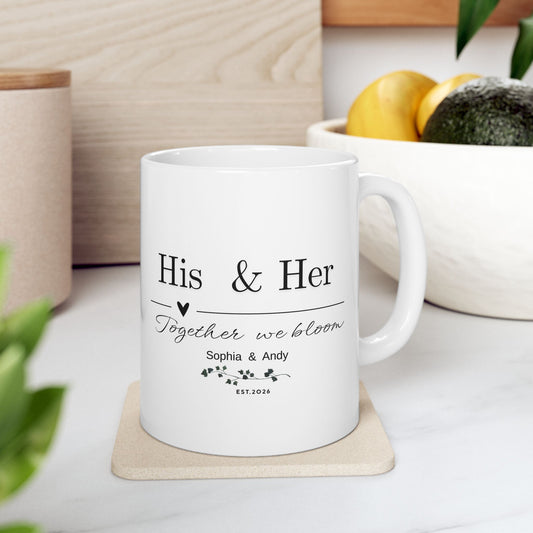 His & Her Personalized Mug – Together We Bloom, Custom Names & Date, Romantic Gift for Valentine’s Day, Anniversary & Wedding
