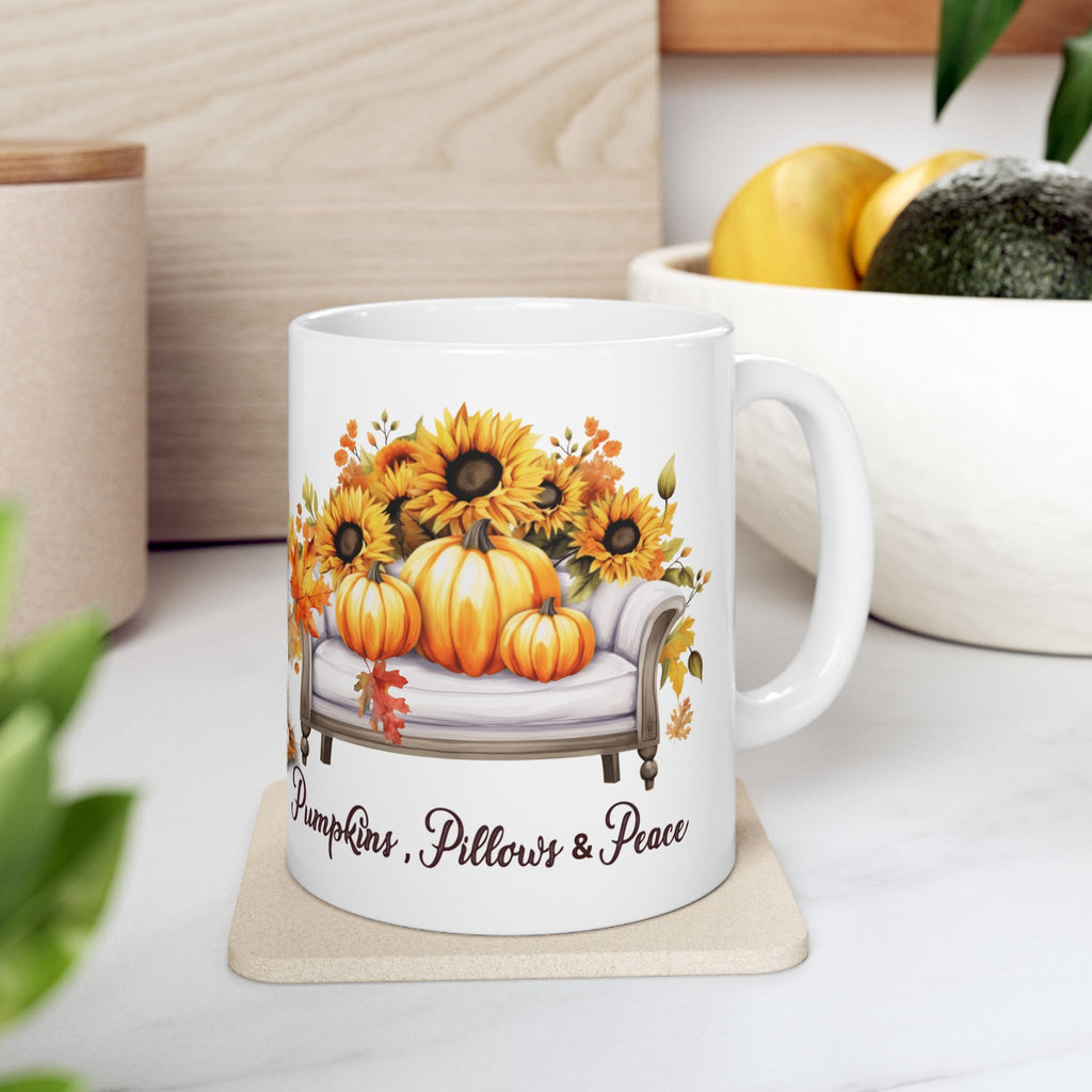 Pumpkins Pillows & Peace Mug | Cozy Fall Coffee Mug | Pumpkin Sunflower Mug | Autumn Coffee Cup | Thanksgiving Gift for Her