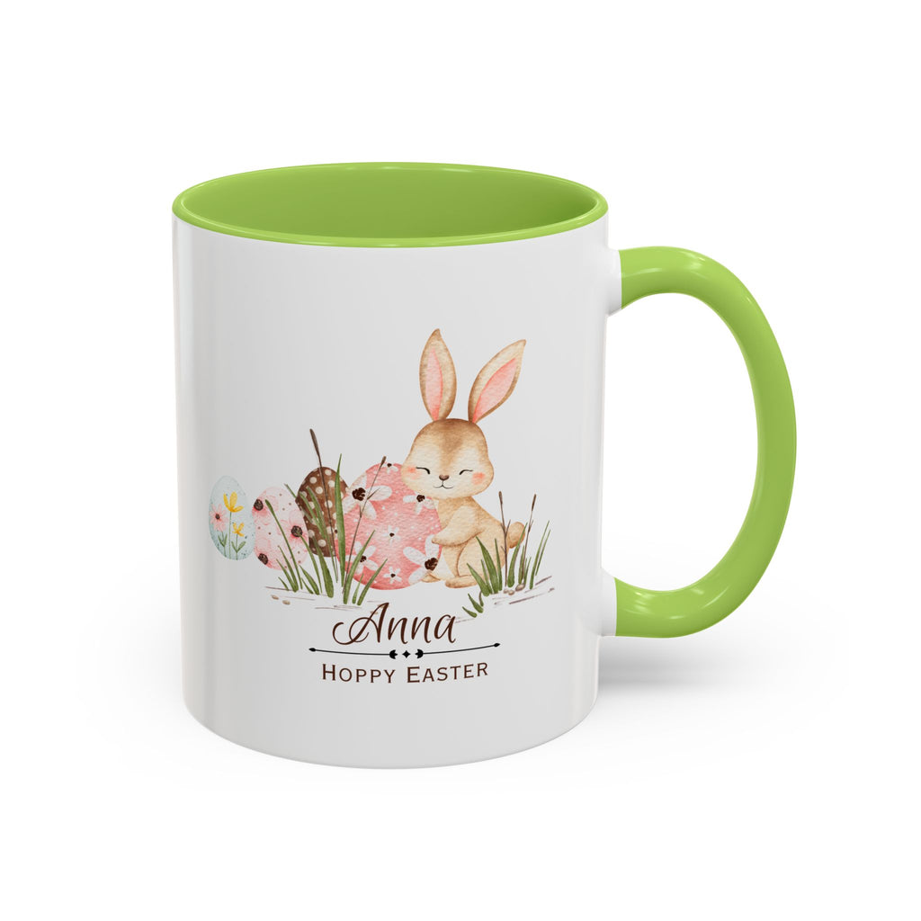 Personalized Easter Bunny Coffee Mug – Custom Name Accent Mug – “Hoppy Easter” Cute Bunny Mug – Easter Gift – Choose Your Favorite Color (11oz)