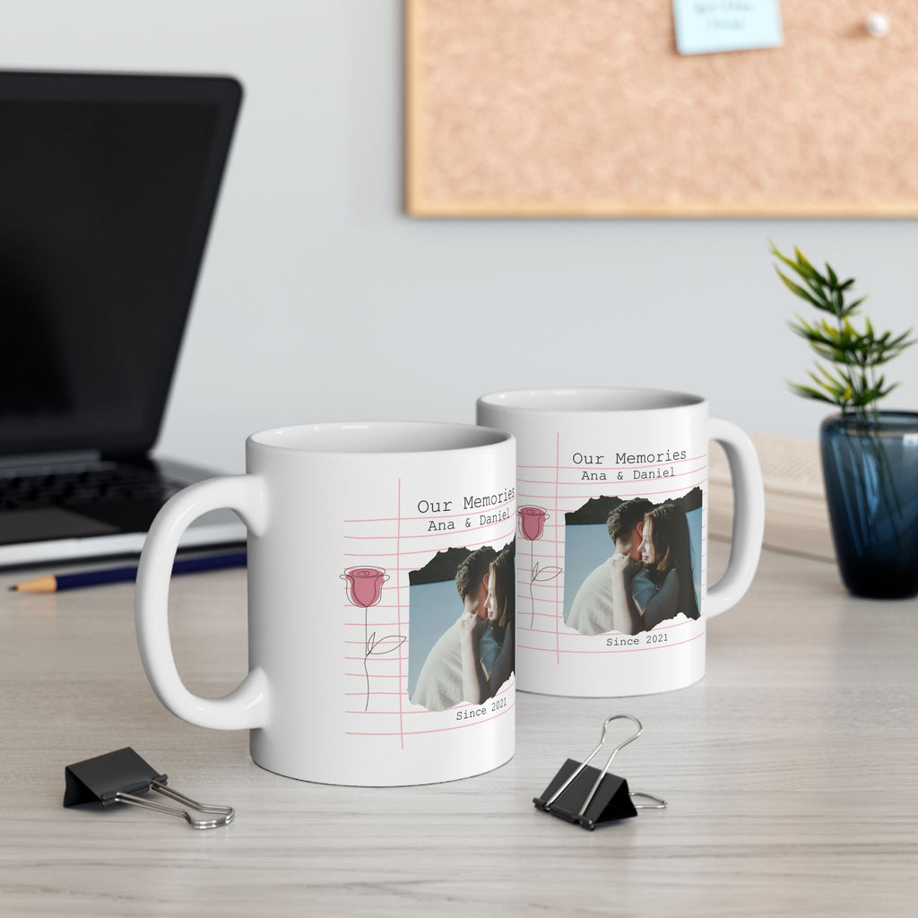 Personalized Couple Photo Mug – Our Memories Notebook Style with Names and Year