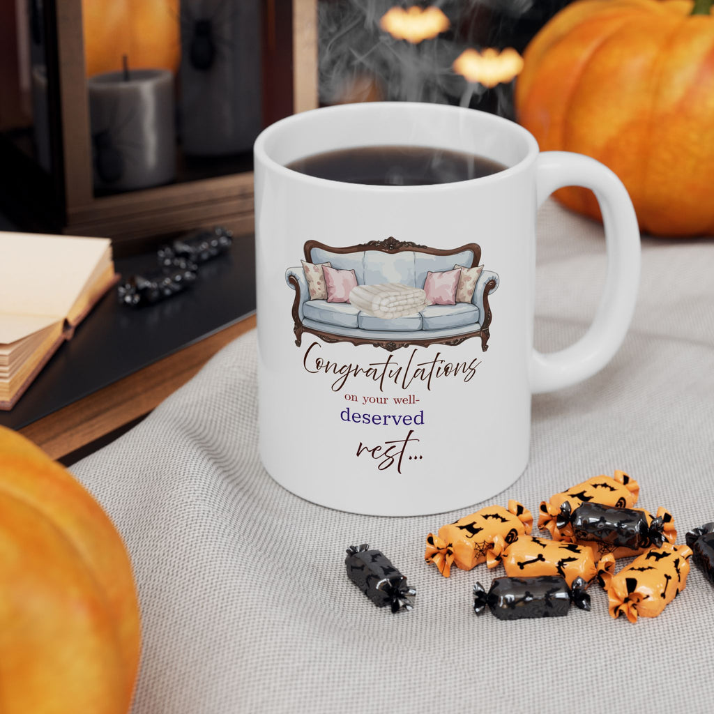 Retirement Mug – “Congratulations on Your Well-Deserved Rest”, Cozy Sofa Design, Gift for Retiree, Retirement Gift Mug