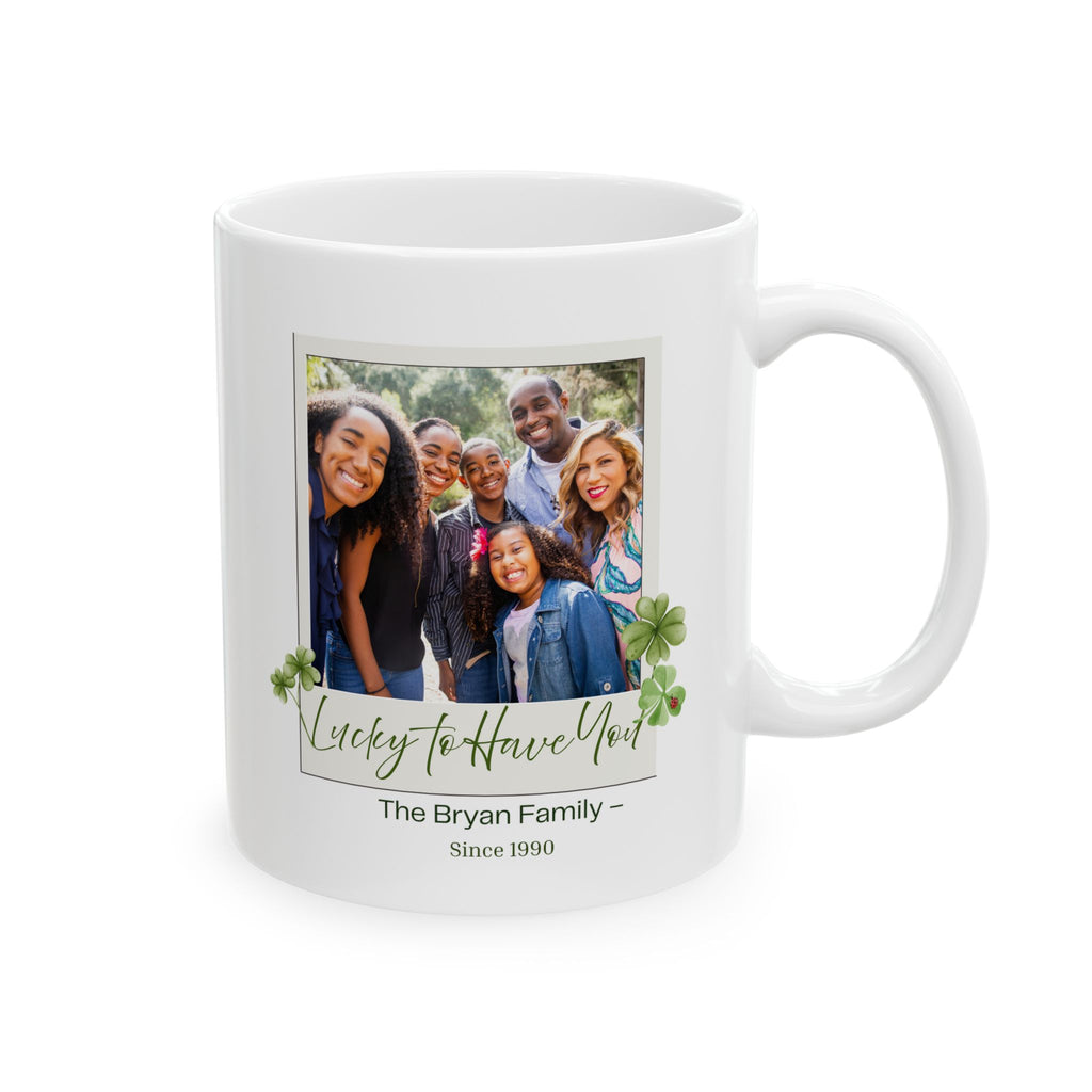Personalized Family Photo Mug – Lucky to Have You – Custom Names & Date – Clover Keepsake Gift – Meaningful Family Coffee Cup