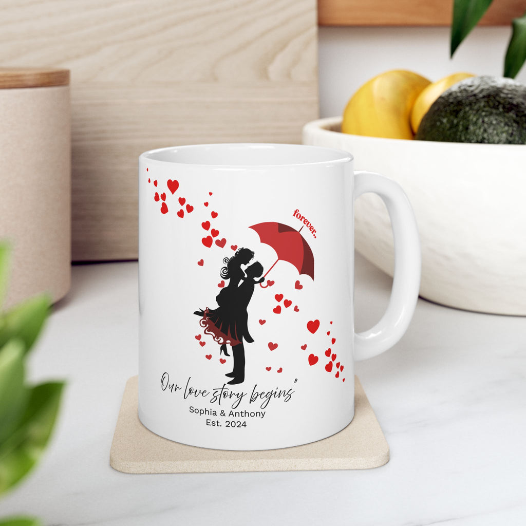 Personalized Couple Mug – Our Love Story Begins Forever Umbrella Love Design