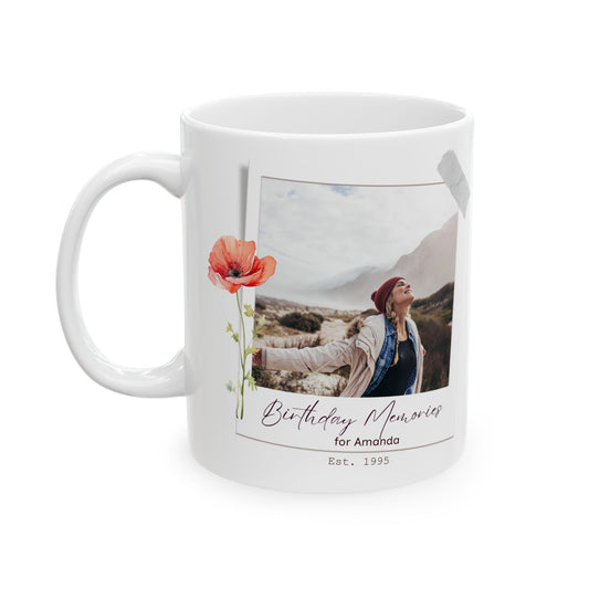 Personalized Birthday Photo Paper Mug – Vintage Floral Design, Custom Name & Year, Birthday Memories Keepsake Gift