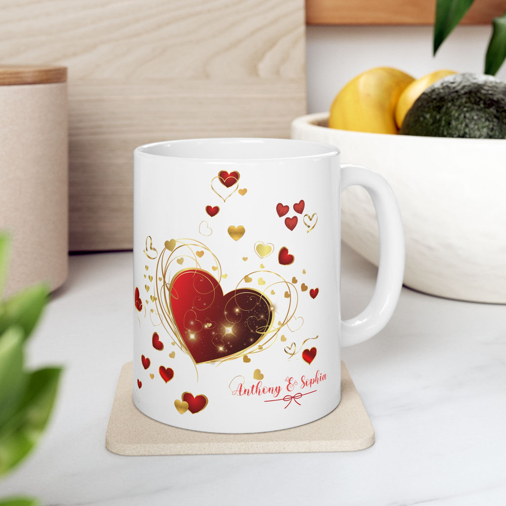 Personalized Heart Mug – Red and Gold Love Design with Couple Names