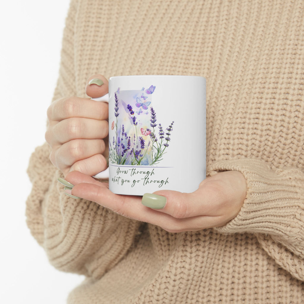 Lavender Butterfly Mug – “Grow Through What You Go Through” Inspirational Floral Coffee Cup, Meaningful Gift for Valentine’s Day, Birthday, Anniversary, Wedding