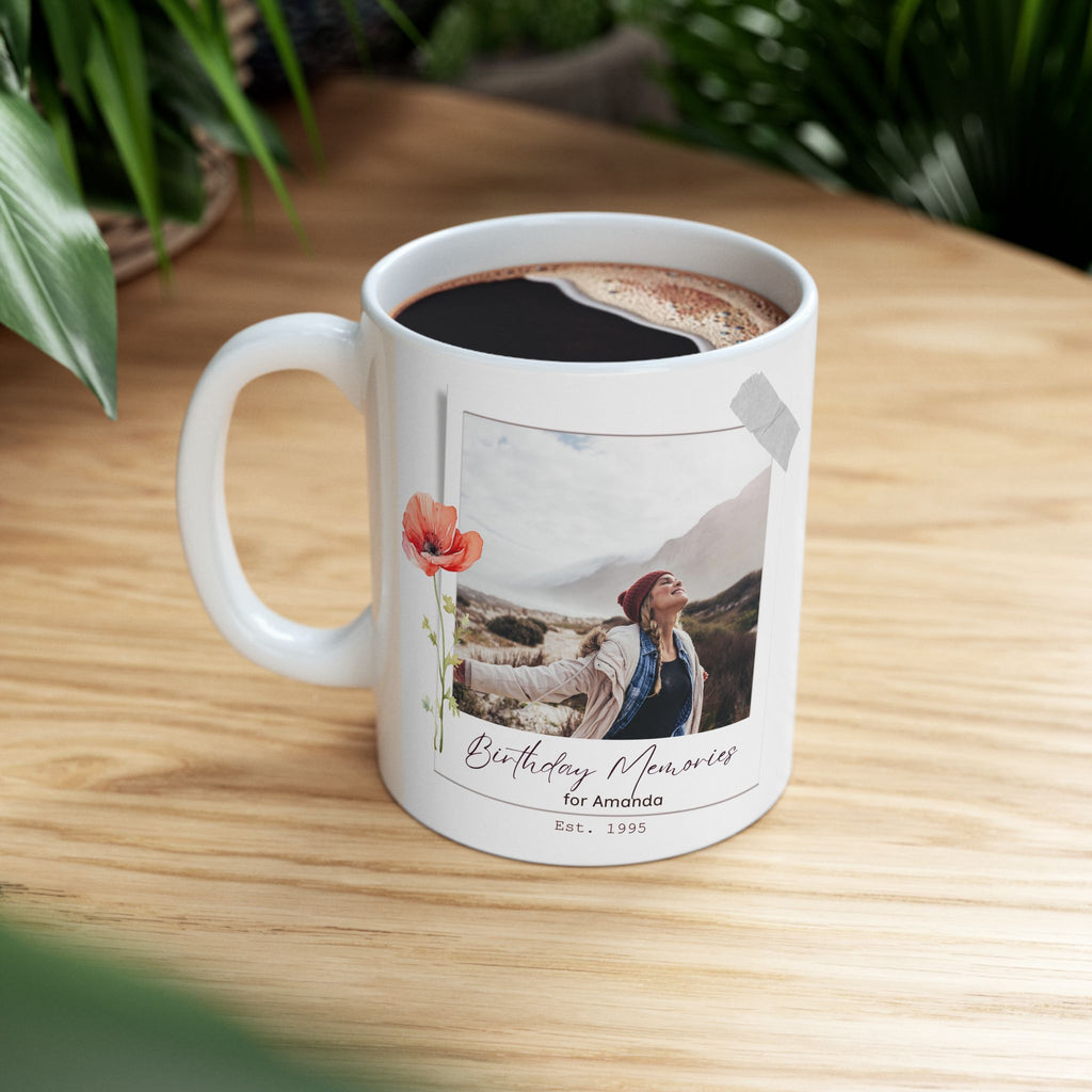 Personalized Birthday Photo Paper Mug – Vintage Floral Design, Custom Name & Year, Birthday Memories Keepsake Gift