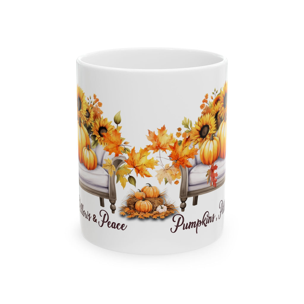 Pumpkins Pillows & Peace Mug | Cozy Fall Coffee Mug | Pumpkin Sunflower Mug | Autumn Coffee Cup | Thanksgiving Gift for Her
