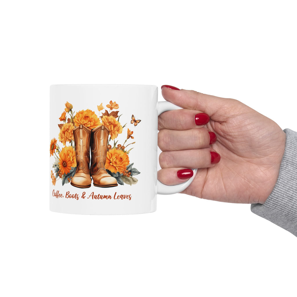 Coffee Boots & Autumn Leaves Mug | Fall Coffee Mug | Western Autumn Mug | Sunflower Fall Coffee Cup | Cozy Fall Gift for Women