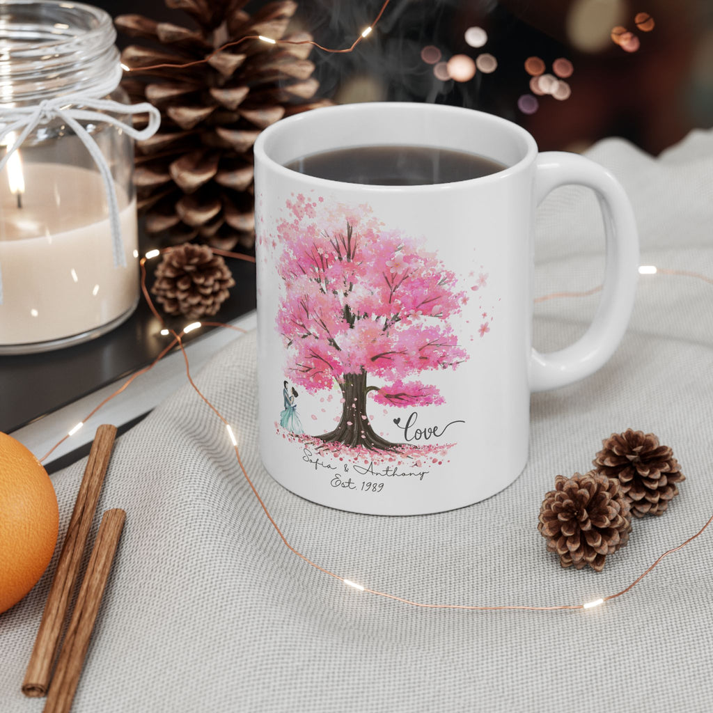 Personalized Couple Mug – Blossom Tree Love Gift with Names & Year