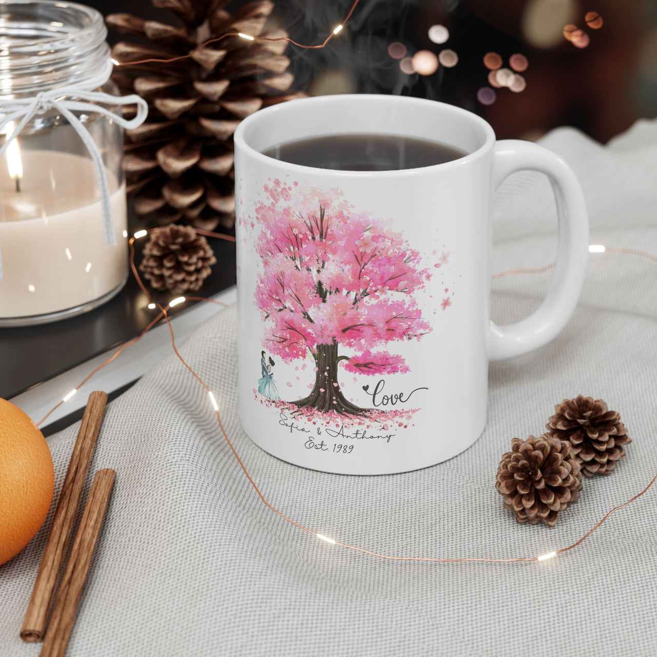 Personalized Couple Mug – Blossom Tree Love Gift with Names & Year
