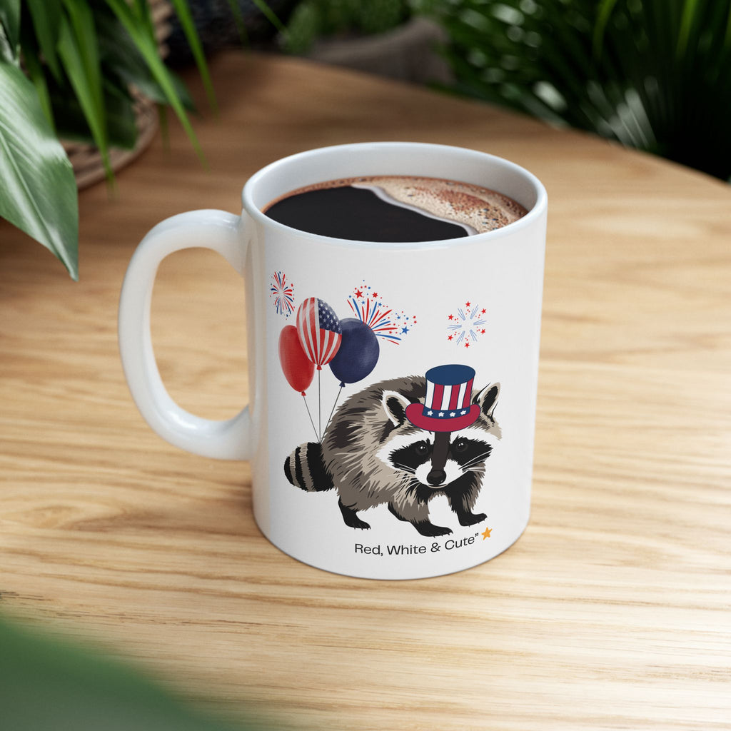 Patriotic Raccoon Mug – Red, White & Cute Design with Balloons, Fun USA Coffee Cup Gift