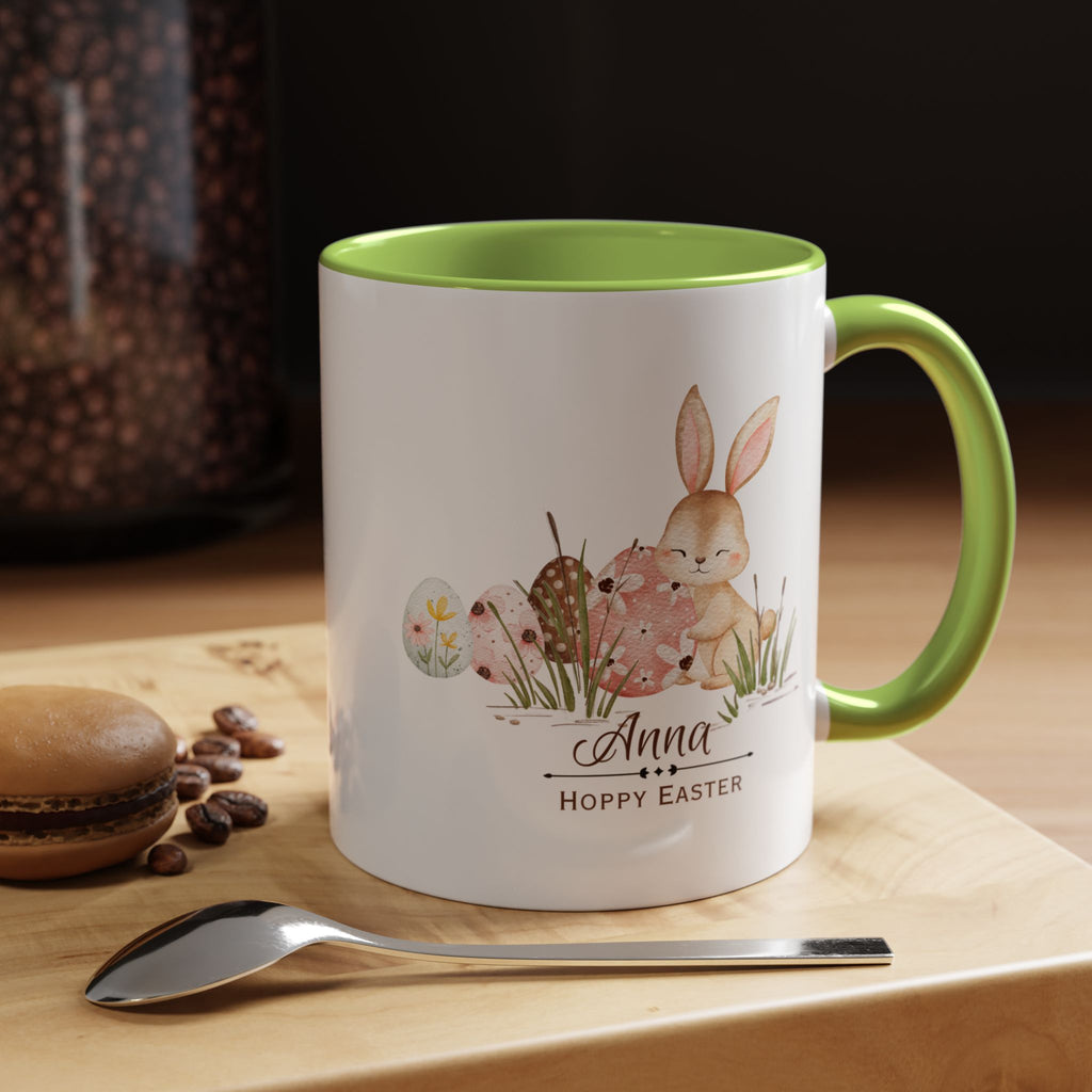 Personalized Easter Bunny Coffee Mug – Custom Name Accent Mug – “Hoppy Easter” Cute Bunny Mug – Easter Gift – Choose Your Favorite Color (11oz)