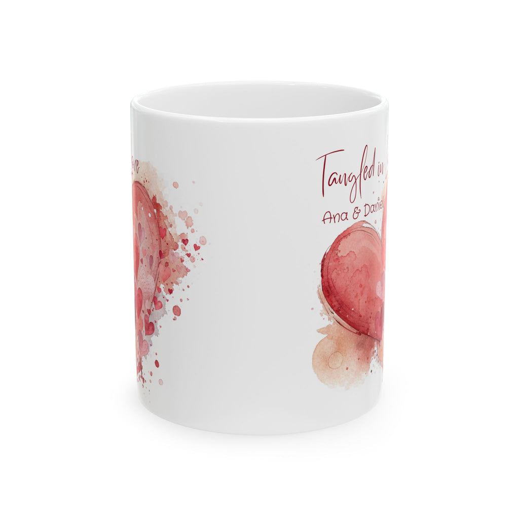Personalized Tangled in Love Mug – Watercolor Heart Couple Gift with Names