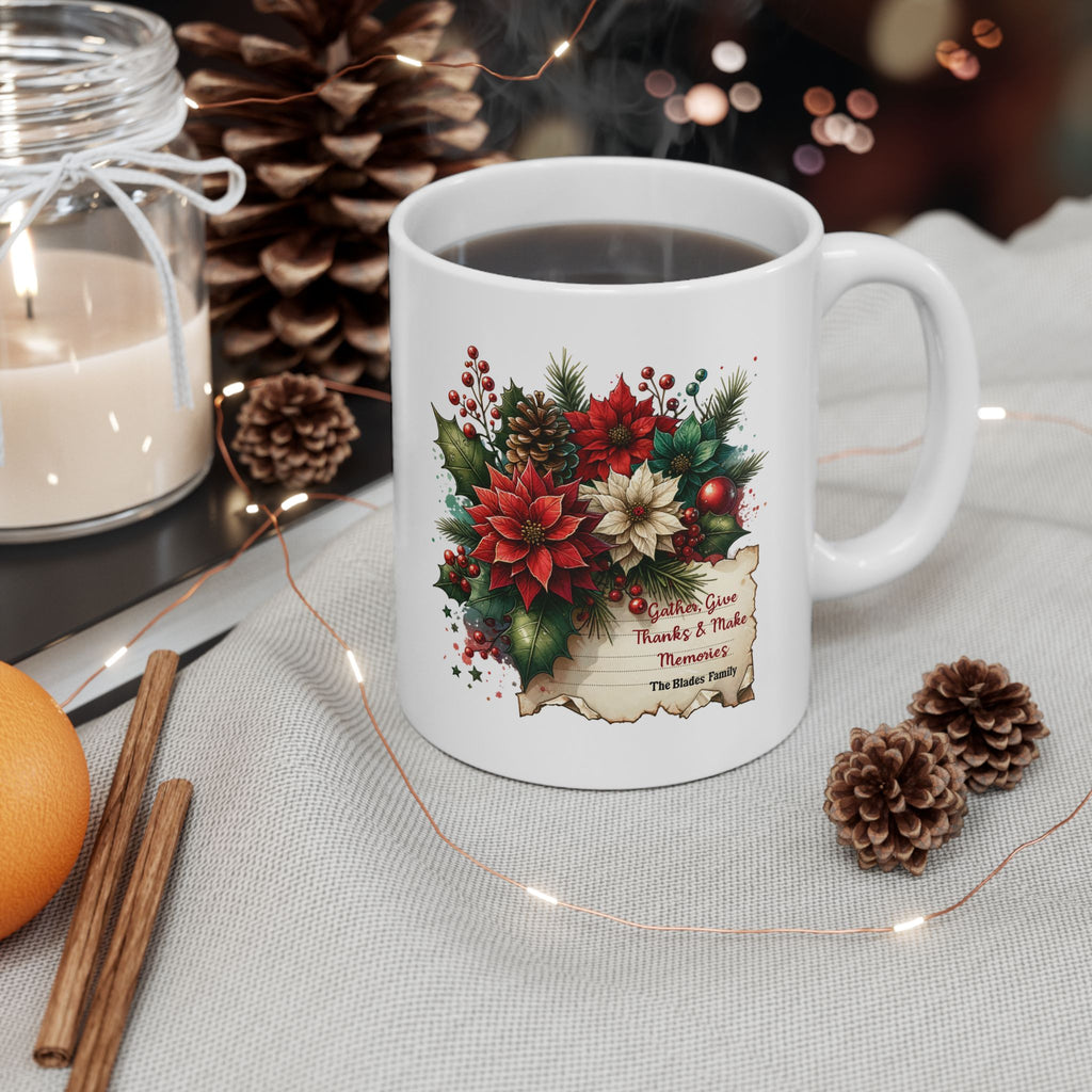 Personalized Christmas Family Mug, Custom Holiday Poinsettia Mug with Name, Thanksgiving Gift Mug