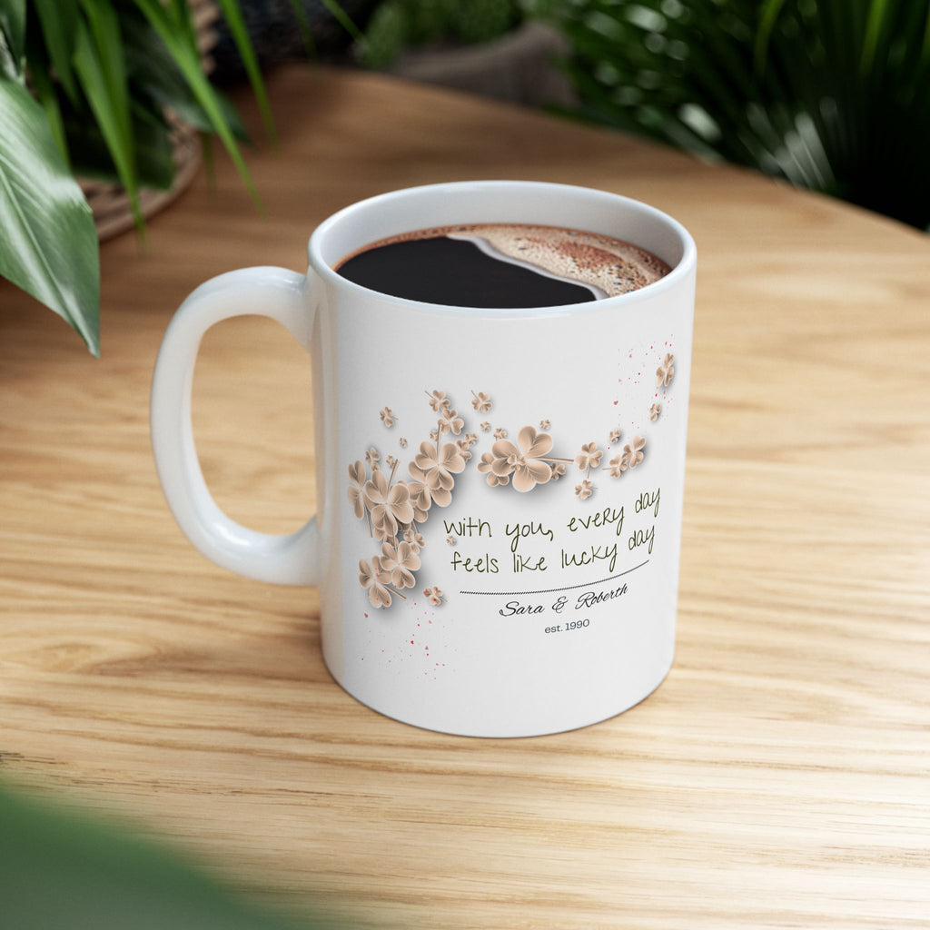 Personalized Vintage Clover Mug – Custom Couple Names & Date – Lucky Love Gift – St. Patrick’s Day, Anniversary & Relationship Present