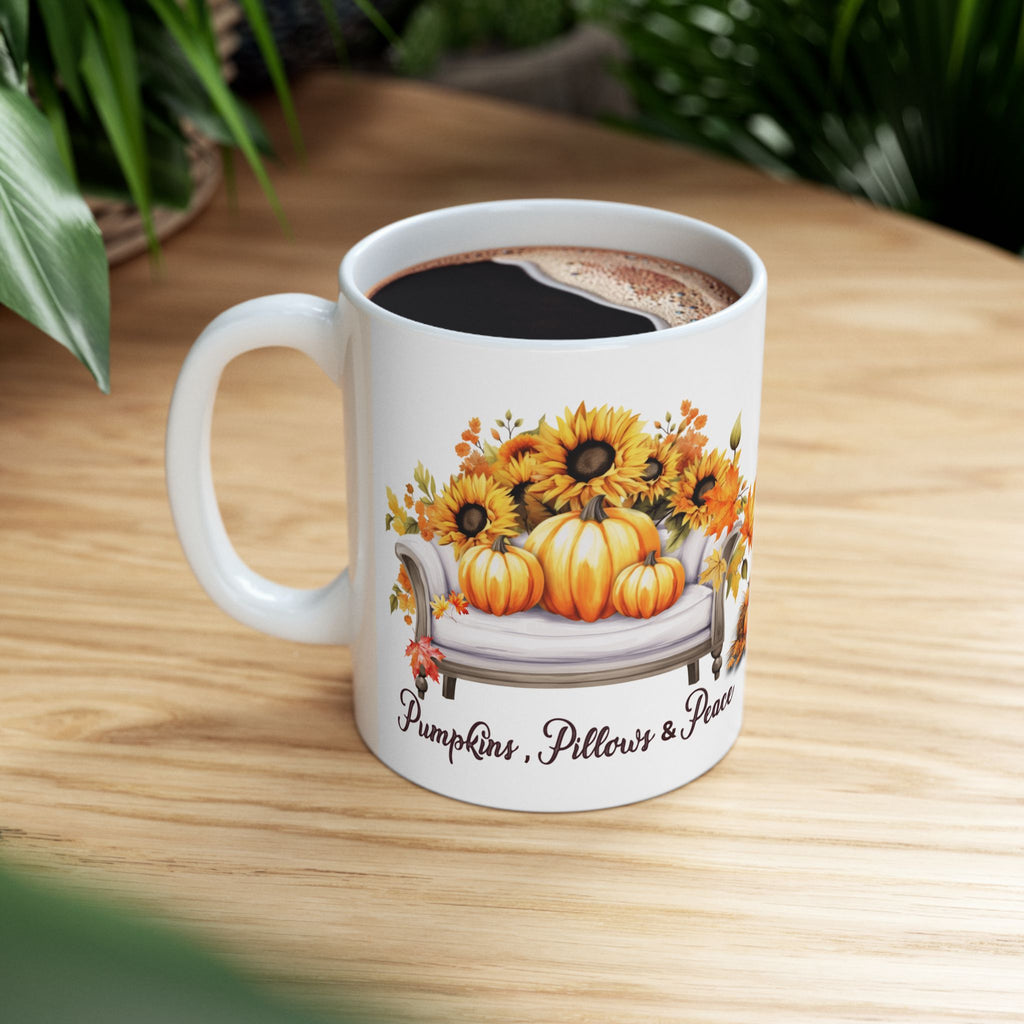 Pumpkins Pillows & Peace Mug | Cozy Fall Coffee Mug | Pumpkin Sunflower Mug | Autumn Coffee Cup | Thanksgiving Gift for Her