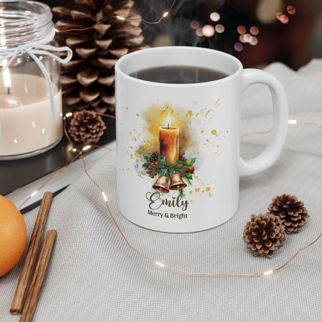 Personalized Christmas Candle Mug | Custom Name Christmas Coffee Mug | Merry & Bright Holiday Gift | Watercolor Christmas Mug