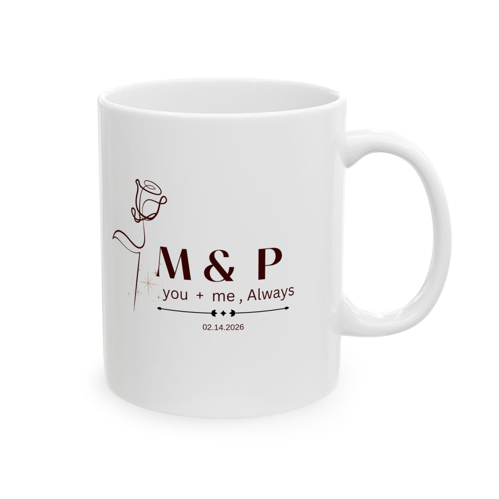 Personalized Initials Couple Mug – Line Art Rose Design with Romantic Quote, Anniversary, Wedding & Birthday Gift