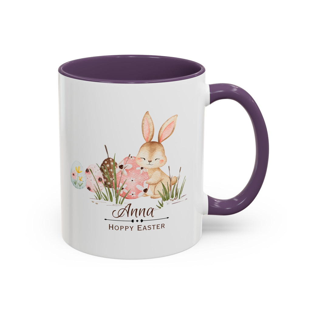 Personalized Easter Bunny Coffee Mug – Custom Name Accent Mug – “Hoppy Easter” Cute Bunny Mug – Easter Gift – Choose Your Favorite Color (11oz)