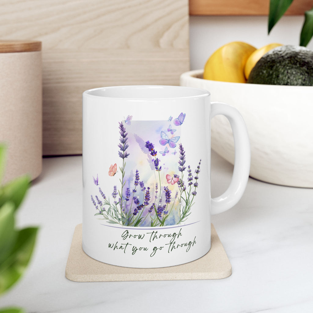 Lavender Butterfly Mug – “Grow Through What You Go Through” Inspirational Floral Coffee Cup, Meaningful Gift for Valentine’s Day, Birthday, Anniversary, Wedding