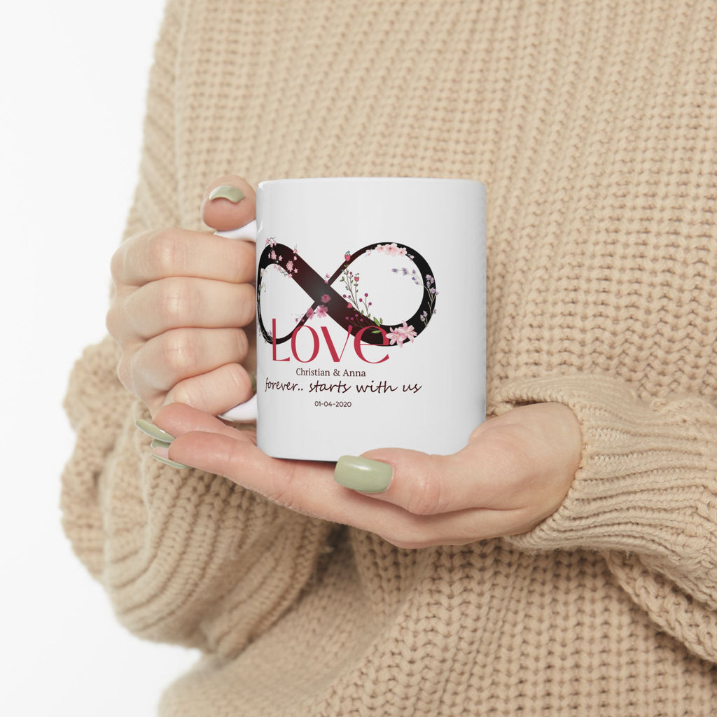 Personalized Infinity Love Mug – Forever Starts With Us | Anniversary & Wedding Gift