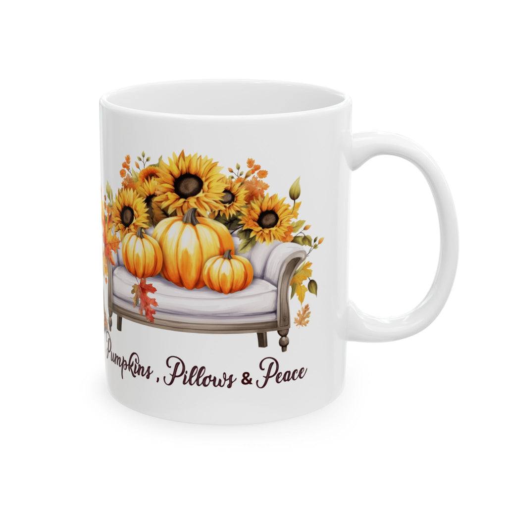 Pumpkins Pillows & Peace Mug | Cozy Fall Coffee Mug | Pumpkin Sunflower Mug | Autumn Coffee Cup | Thanksgiving Gift for Her