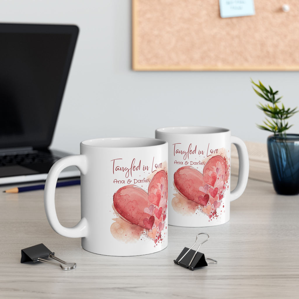 Personalized Tangled in Love Mug – Watercolor Heart Couple Gift with Names