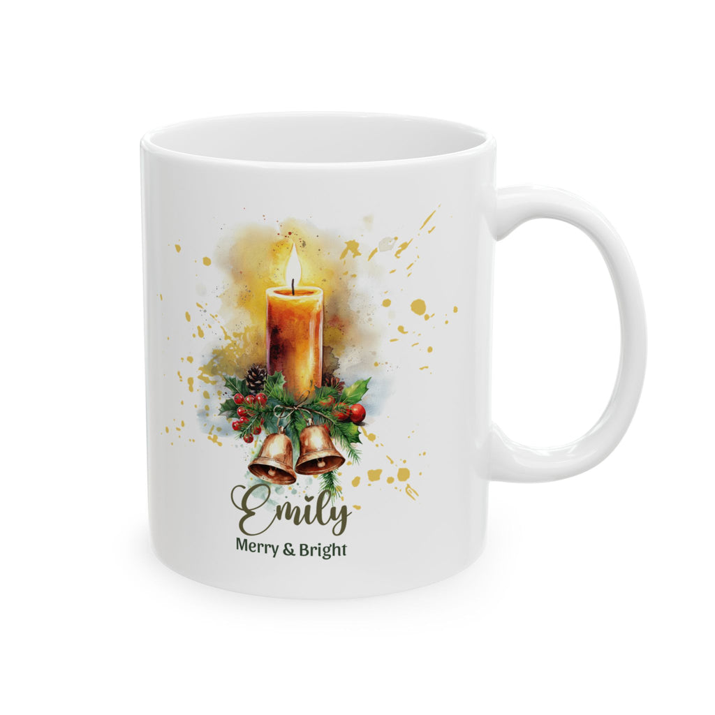 Personalized Christmas Candle Mug | Custom Name Christmas Coffee Mug | Merry & Bright Holiday Gift | Watercolor Christmas Mug