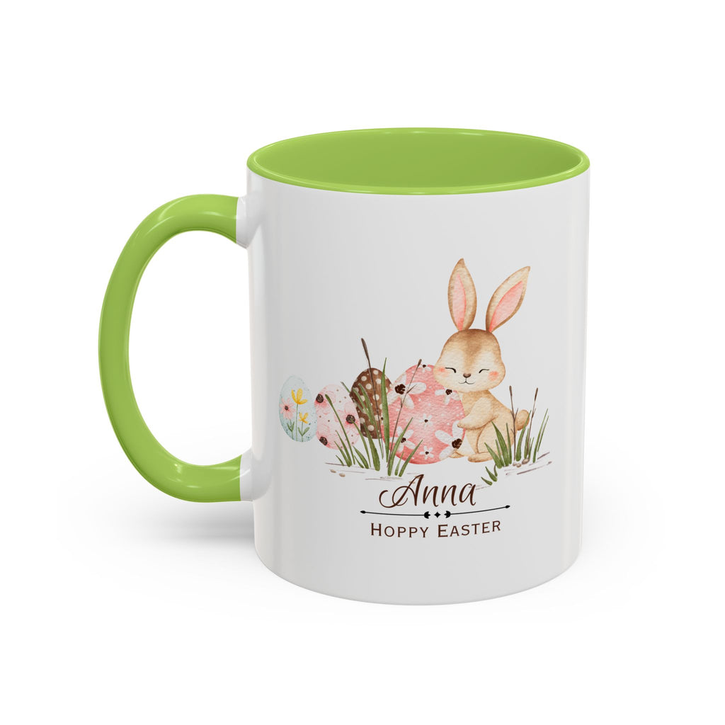 Personalized Easter Bunny Coffee Mug – Custom Name Accent Mug – “Hoppy Easter” Cute Bunny Mug – Easter Gift – Choose Your Favorite Color (11oz)