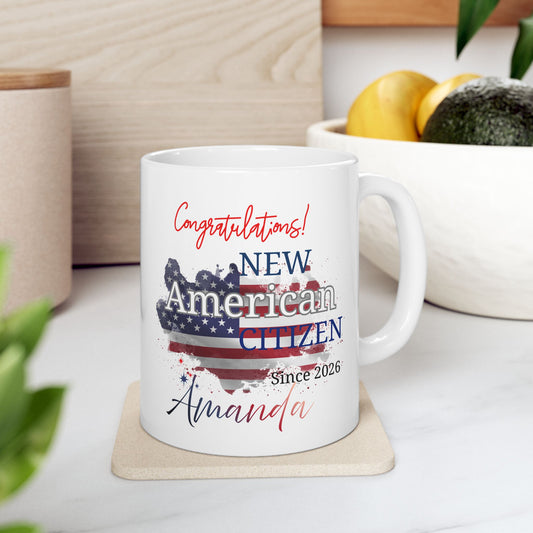 Congratulations New American Citizen Mug – Personalized Citizenship Gift with Name & Year, Naturalization Ceremony Celebration Mug