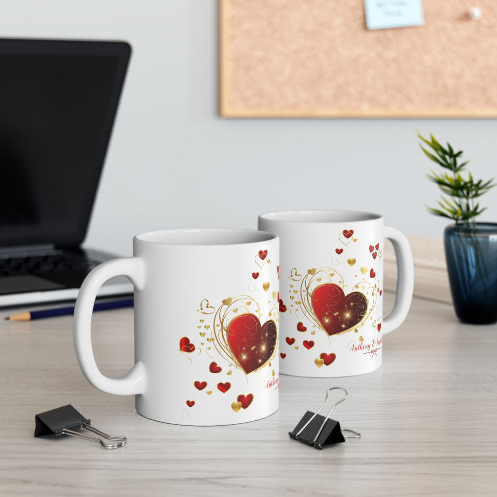 Personalized Heart Mug – Red and Gold Love Design with Couple Names