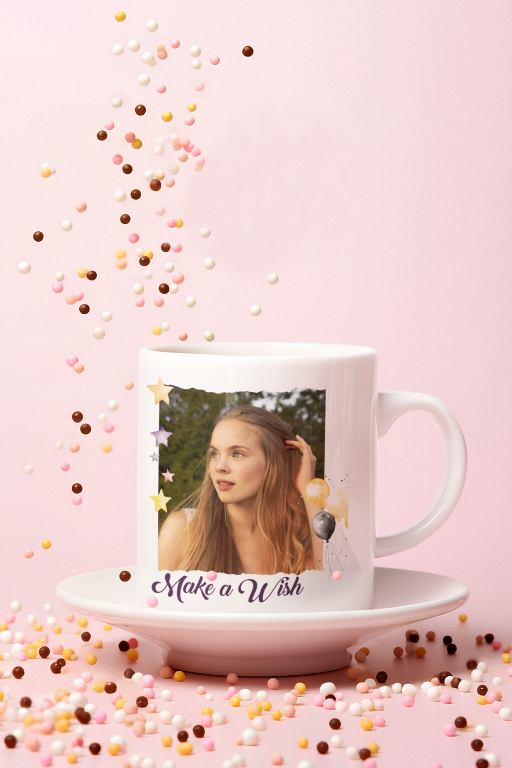 Custom Photo Birthday Mug - Personalized "Make a Wish" Coffee Mug with Picture & Balloons, Personalized Photo Mug for Birthday - "Make a Wish" Custom Picture Coffee Cup