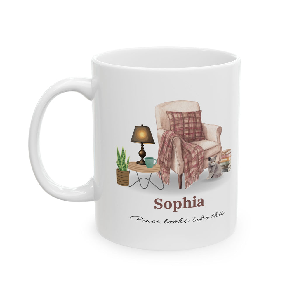 Personalized Cozy Cat Mug – Custom Name Coffee Cup, Peace Looks Like This Mug, Cat Lover Gift, Self Care Aesthetic Mug, Gift for Her