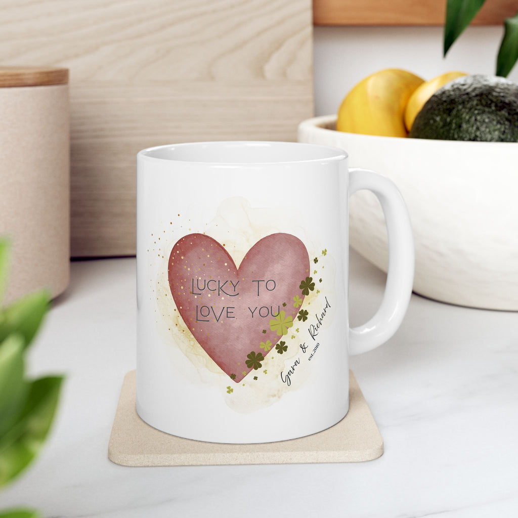 Lucky to Love You Personalized Mug – Custom Couple Coffee Mug with Names, St. Patrick’s Day Gift, Anniversary or Valentine’s Gift