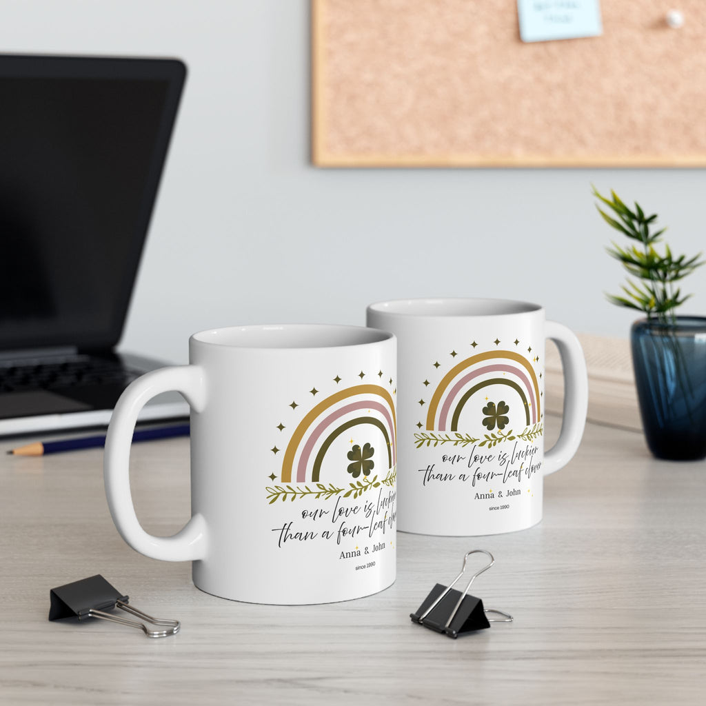 Personalized Vintage Rainbow Clover Mug – “Our Love Is More Lucky Than the Clover Leaf” – Custom Name & Year Gift – Lucky St. Patrick’s Day Mug