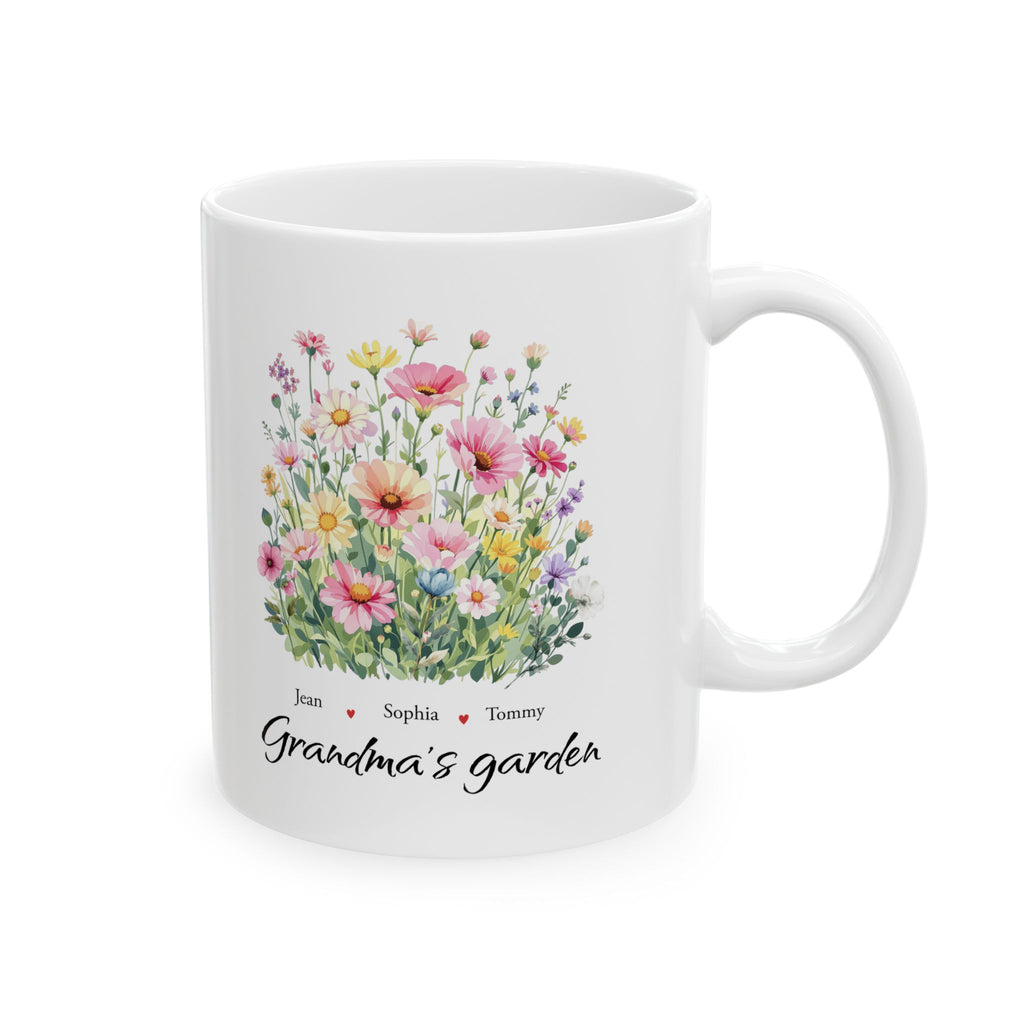 Personalized Grandma’s Garden Mug with Names, Custom Floral Mug for Grandma, Nana Mimi Mom Gift, Grandchildren Names Coffee Mug, Mother’s Day Gift