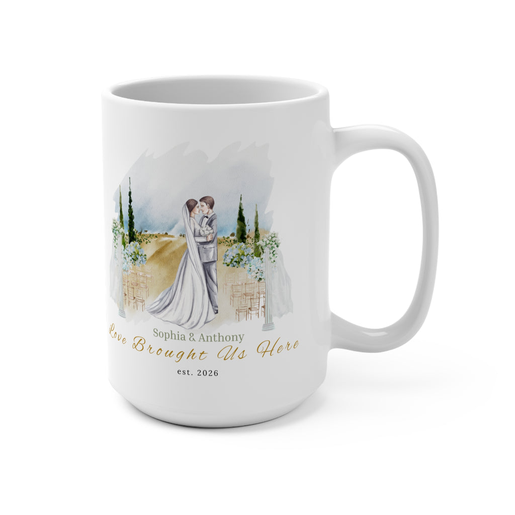A roomy 15oz ceramic mug that holds morning coffee, late-night tea, and quiet moments together. The artful watercolor scene shows a newlywed couple embraced against a soft pastoral backdrop — gentle greens, warm fields, and a hint of sky —