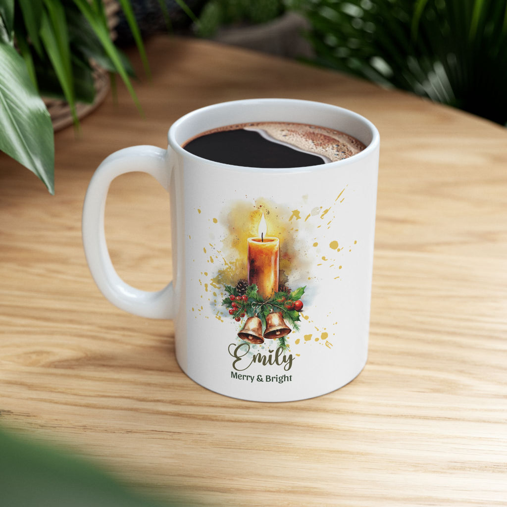 Personalized Christmas Candle Mug | Custom Name Christmas Coffee Mug | Merry & Bright Holiday Gift | Watercolor Christmas Mug