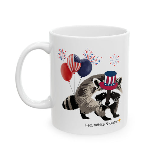 Patriotic Raccoon Mug – Red, White & Cute Design with Balloons, Fun USA Coffee Cup Gift