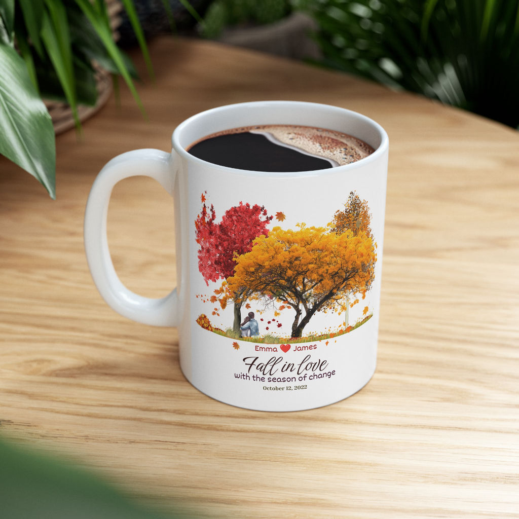 Personalized Fall Couple Mug | Custom Autumn Coffee Mug with Names & Date | Anniversary Gift for Couples | Watercolor Fall Trees Mug