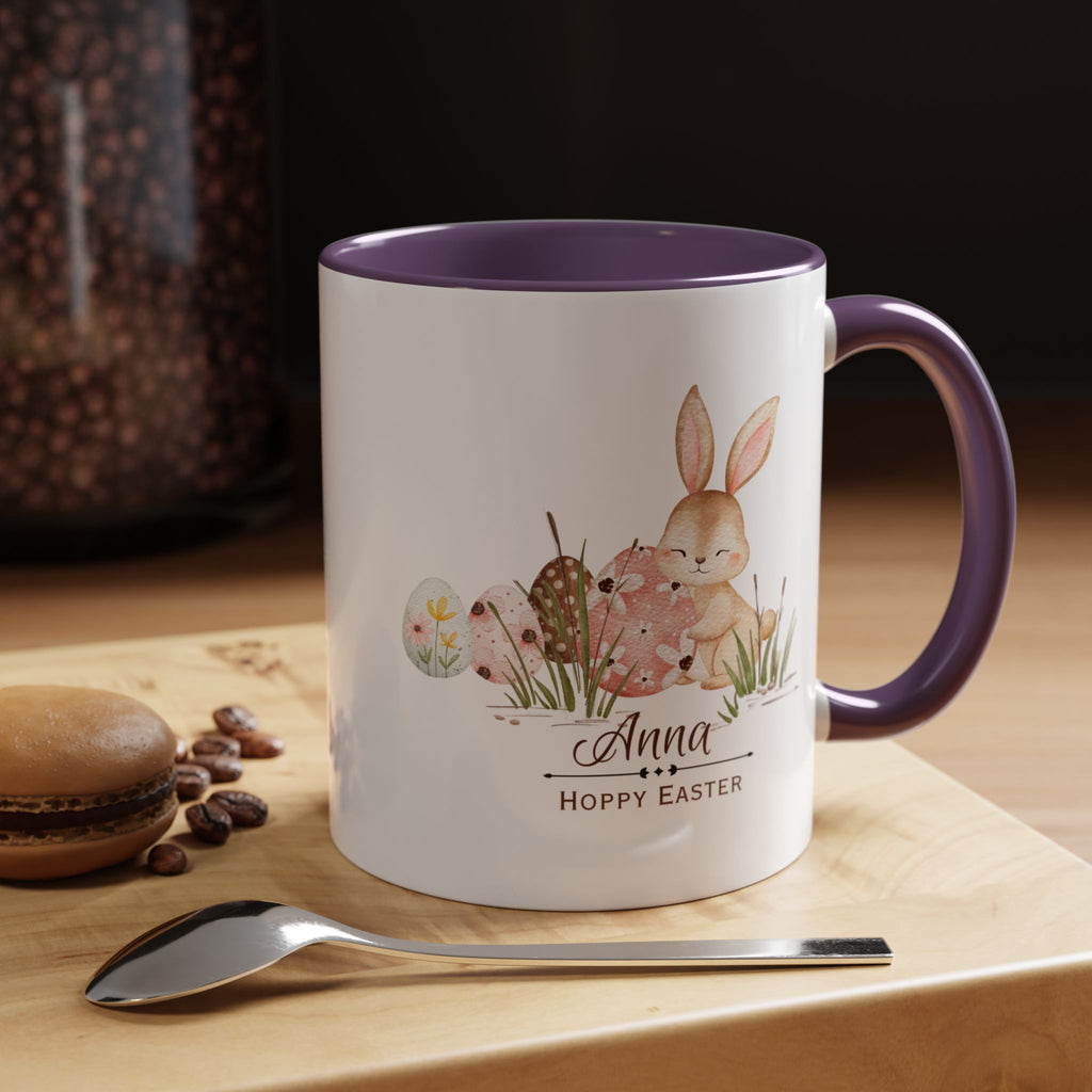 Personalized Easter Bunny Coffee Mug – Custom Name Accent Mug – “Hoppy Easter” Cute Bunny Mug – Easter Gift – Choose Your Favorite Color (11oz)