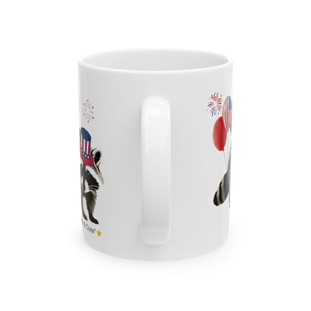 Patriotic Raccoon Mug – Red, White & Cute Design with Balloons, Fun USA Coffee Cup Gift